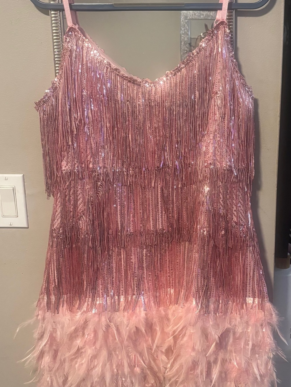 Pink Sequin Fringe & Feather Mini Dress